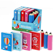 Set of colourful novelty erasers shaped like small packaged items in bright boxes.