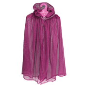 Shimmering pink sheer dress or cape with a hood and flowing fabric.