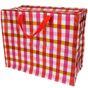 Large reusable shopping bag in red and yellow gingham pattern.