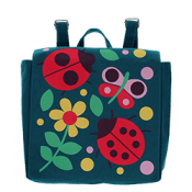 Green children’s backpack with colourful ladybird prints.