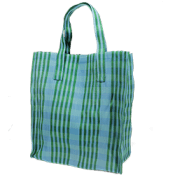 Woven-style reusable shopping bag in green and blue tones with handles.