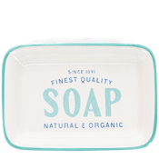 Minimalist rectangular soap dish with rounded corners and light blue trim.