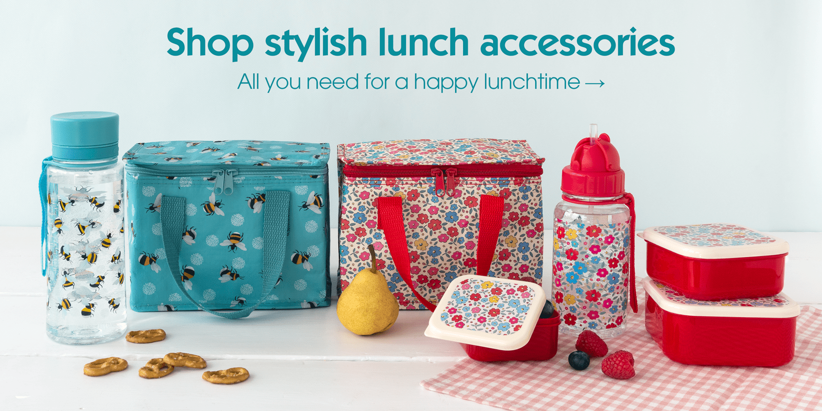 Lunch bags and water bottles in bee and floral designs