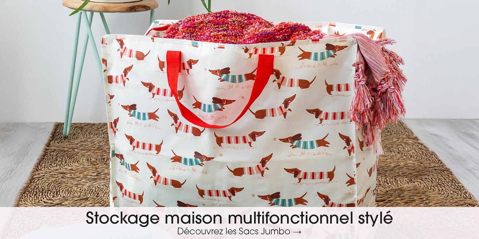 Adorable Sausage Dog print jumbo bag, Features zip fastening and two strong woven nylon handles in red.