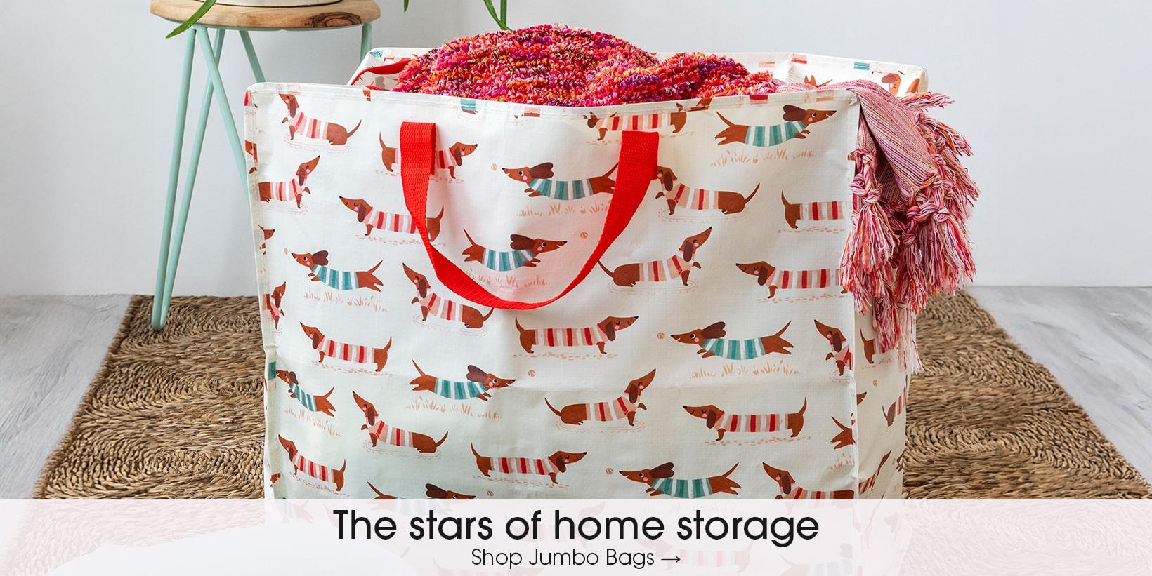 Adorable Sausage Dog print jumbo bag, Features zip fastening and two strong woven nylon handles in red.