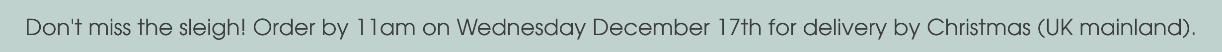 A banner with the text "Don't miss the sleigh! Order by 11am on Wednesday December 17th for delivery by Christmas (UK mainland)."