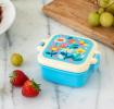 Light blue plastic snack pot with cream and light blue lid featuring print of butterflies amongst flowers