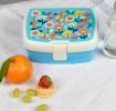 Light blue plastic lunch box with cream and light blue lid featuring print of butterflies amongst flowers