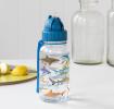 Medium size plastic water bottle for children with dark blue lid and carry loop handle featuring pictures of sharks