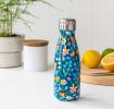 Small dark blue stainless steel water bottle with silver lid featuring fairies amongst flowers