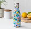 Small light blue stainless steel water bottle with silver lid featuring butterflies amongst flowers