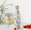 Medium size white stainless steel water bottle with silver lid featuring floral pattern