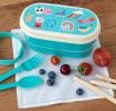 Turquoise plastic bento box with cream lid and middle tray featuring retro style top banana print