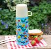 Small light blue stainless steel flask with cream plastic cup featuring butterflies amongst flowers