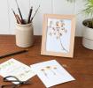 Wooden photo frame stood on table with pressed flowers on display