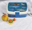 Dark blue plastic lunch box with cream and dark blue lid featuring pictures of sharks