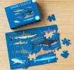 Small jigsaw puzzle with print of pictures of sharks being put together on table