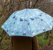 Blue green umbrella with illustrations of dogs used by person outside