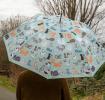Light green umbrella with illustrations of cats used by person outside