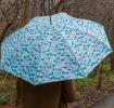 Light blue umbrella with print of butterflies amongst flowers used by person outside