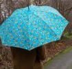 Turquoise umbrella with print of cheetahs used by person outside