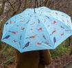 Light blue umbrella with print of garden birds used by person outside