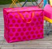 Recycled plastic jumbo storage bag red circles pink background