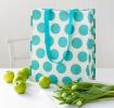 Recycled plastic shopping bag turquoise circles cream background