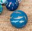 Dark blue inflatable play ball with sharks print