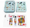 Standard deck of playing cards with print of garden birds on blue background on backs plus metal tin