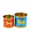 Mini metal storage tins in red and blue with Leopard paprika branding
