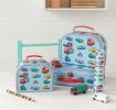 Road Trip storage cases with toy vehicles, kaleidscope and rainbow pencil on table