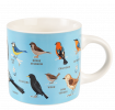 Ceramic mug in light blue and white with print of various garden birds