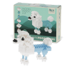 completed white and light blue poodle brick model alongside the packaging