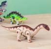 brown and beige Brontosaurus and a green stegosaurus in the back