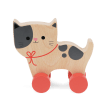 wooden push-along cat toy with red wheels