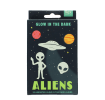 Package of glow-in-the-dark aliens featuring illustrations of planets, a flying saucer, and aliens.