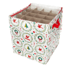 Festive storage bag with compartments for ornaments, decorated with Christmas-themed patterns and red handles