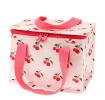 Insulated lunch bag decorated with cherry pattern on a light pink background 