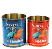 Two cylindrical storage tins, one blue and one red, featuring a vintage-style design with a woman in a traditional Spanish dress