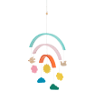 Colourful mobile featuring birds, flower, sun, and clouds
