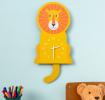 Yellow lion-shaped wooden wall clock featuring a white numbered dial with clock hands and a tail