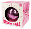 Pink disco ball inside a packaging labelled "DISCO BALL" in bold pink letters