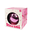Pink disco ball inside a packaging labelled "DISCO BALL" in bold pink letters