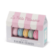 Box of five macaron-shaped erasers in retro-style packaging