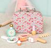 wooden makeup case with showing mirror, perfume bottle, lipstick and comb