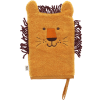 bath mitt shaped like a lion with brown yarn in orange 