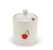 stoneware sugar pot with lid on, featuring a red cherry print and a small handle on top