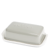 Rectangular butter dish with grey lid embossed with the word 'BUTTER