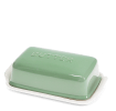 Rectangular butter dish with green lid embossed with the word 'BUTTER
